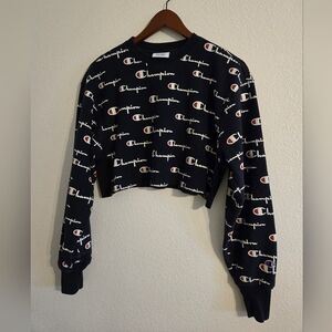 Champion Blue Cropped Hoodie with Logo Pattern MEDIUM